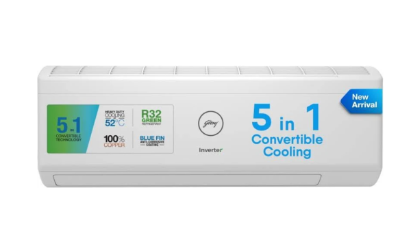 Godrej 5-in-1 Convertible Cooling 1 Ton 5 Star Split Inverter I-sense Technology With Blue Fin Anti Corrosive Coating Ac - White