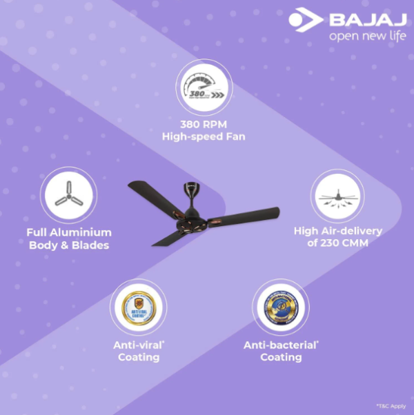 Bajaj Novella 1200MM Ceiling Fan for Home | Anti-Viral & Anti-Bacterial Coating | High Air Delivery | 2-Yrs Warranty 【Elegant Brown】 - Image 3