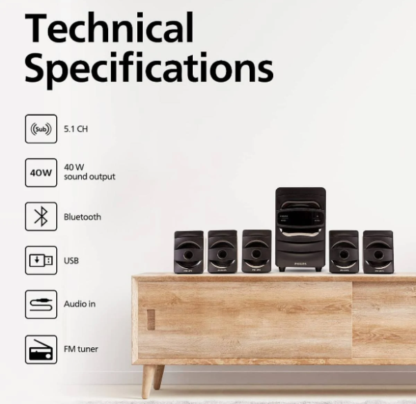 Philips SPA5128B 5.1 CH 40W Bluetooth Multimedia Speakers - Image 4