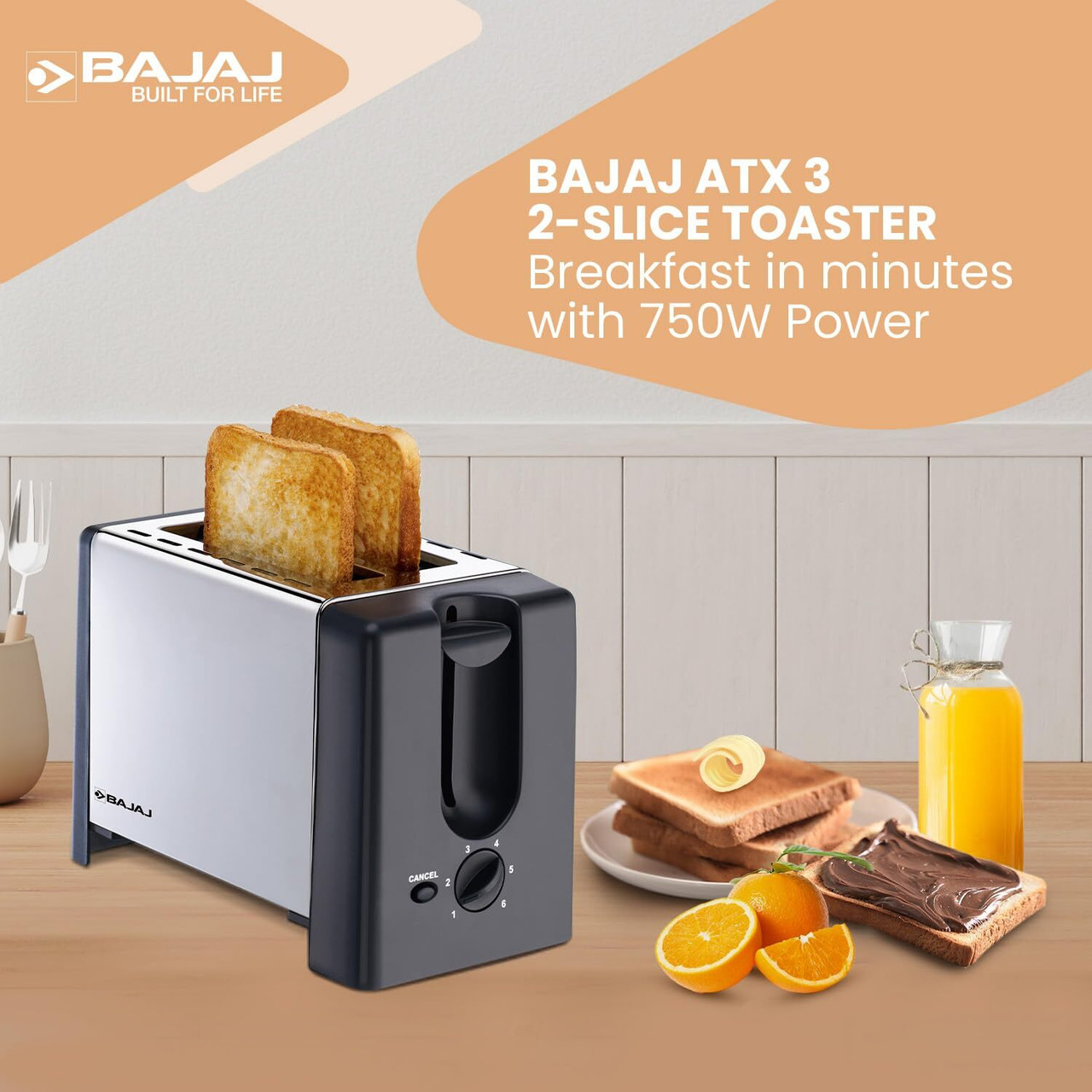 BAJAJ ATX 3 750 W Pop Up Toaster  (Silver and black)
