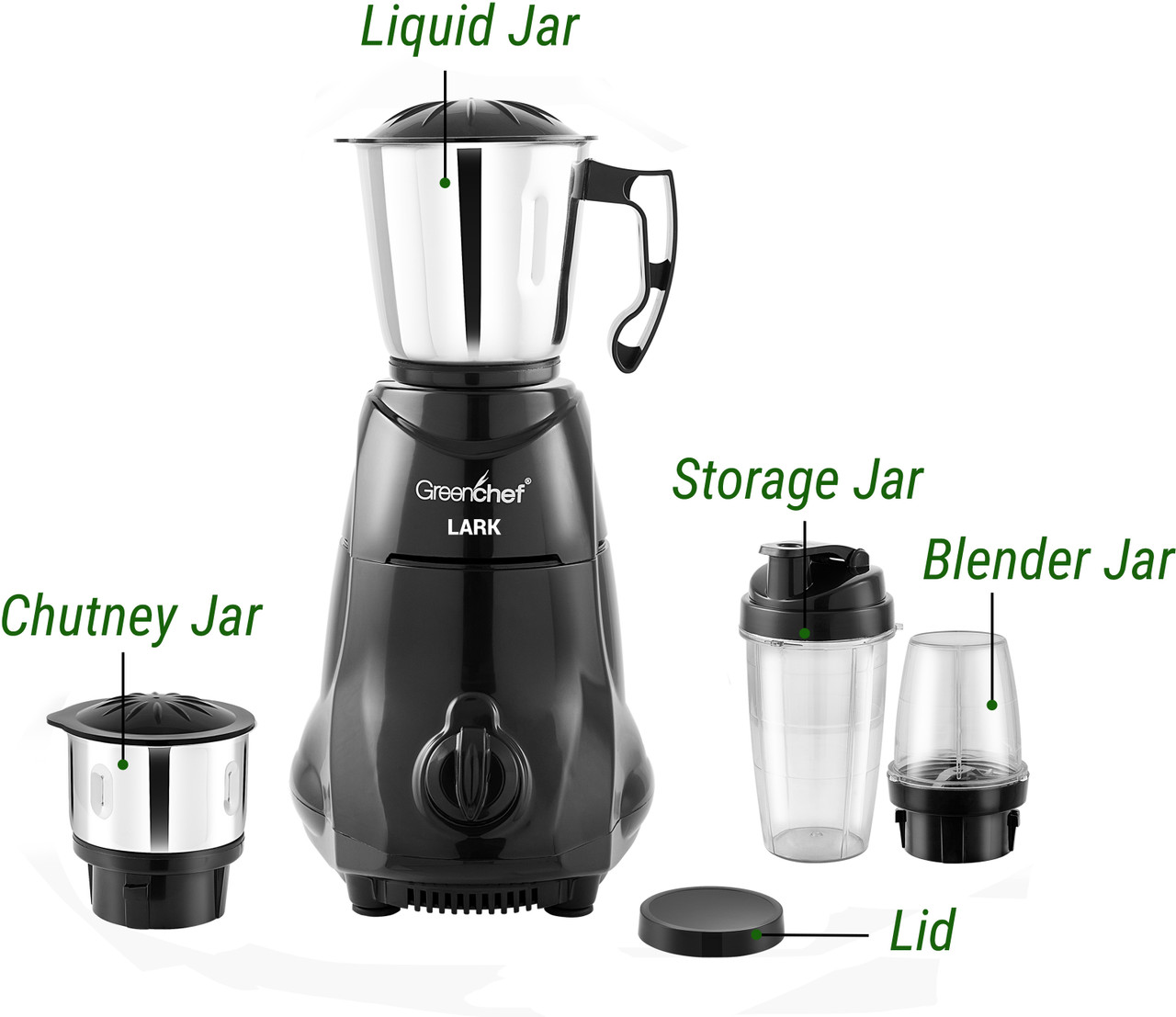 Greenchef Lark 550 W Juicer Mixer Grinder (Lark 550 Watts | 4 Jars | Black) - Image 2