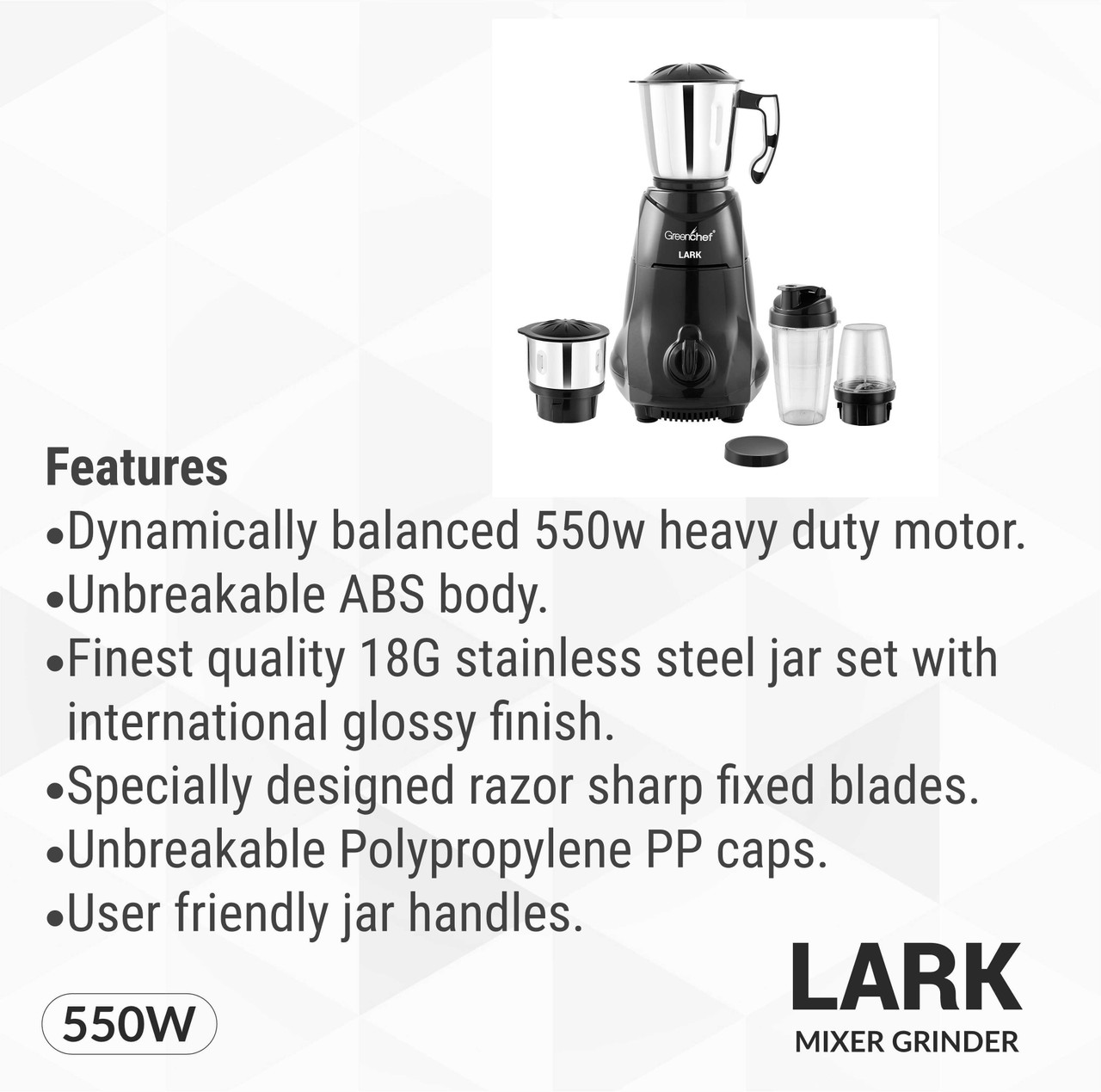 Greenchef Lark 550 W Juicer Mixer Grinder (Lark 550 Watts | 4 Jars | Black) - Image 4