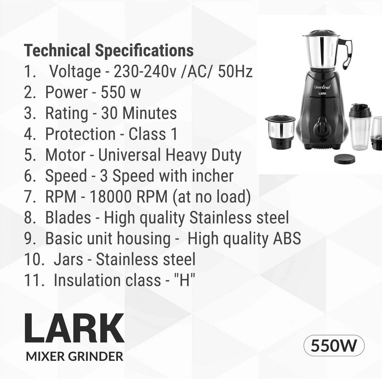Greenchef Lark 550 W Juicer Mixer Grinder (Lark 550 Watts | 4 Jars | Black) - Image 5