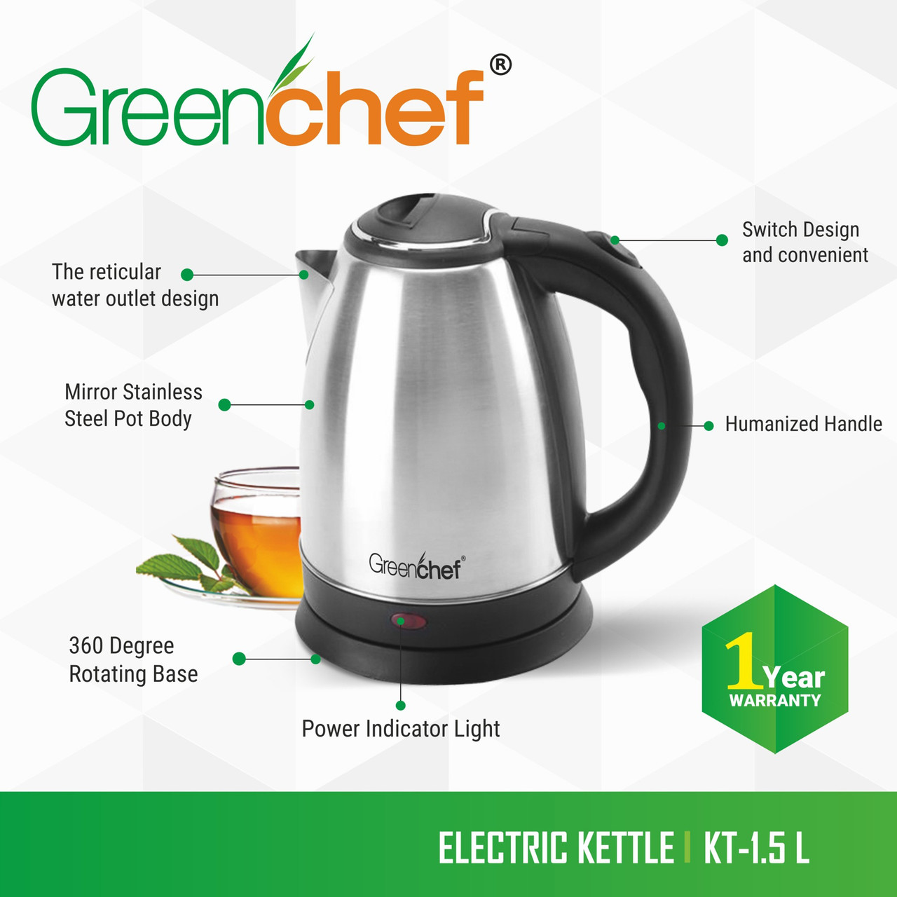 Greenchef SS ELECTRIC KETTLE Electric Kettle (1.5 L, SILVER & BLACK) - Image 2