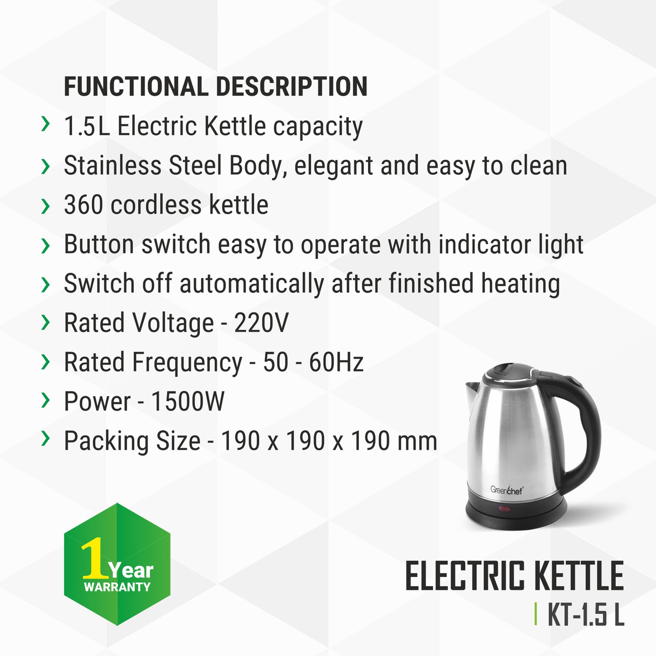 Greenchef SS ELECTRIC KETTLE Electric Kettle (1.5 L, SILVER & BLACK) - Image 3